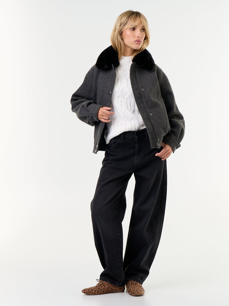 Oversized jas met woleffect en afneembare bontkraag Grijs - Kiabi