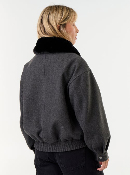 Oversized jas met woleffect en afneembare bontkraag - Kiabi