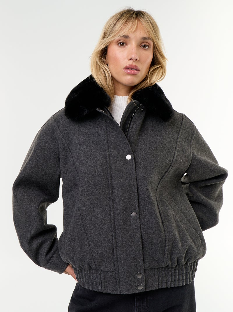 Oversized jas met woleffect en afneembare bontkraag Grijs - Kiabi