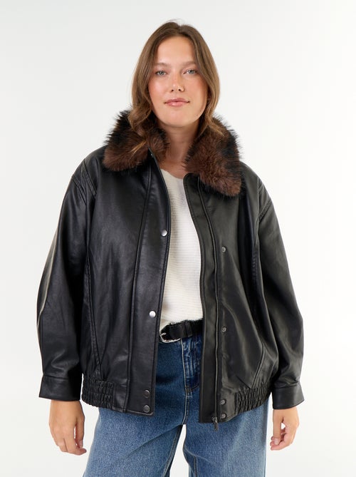 Oversized jas van imitatieleer met afneembare kraag van imitatiebont - Kiabi