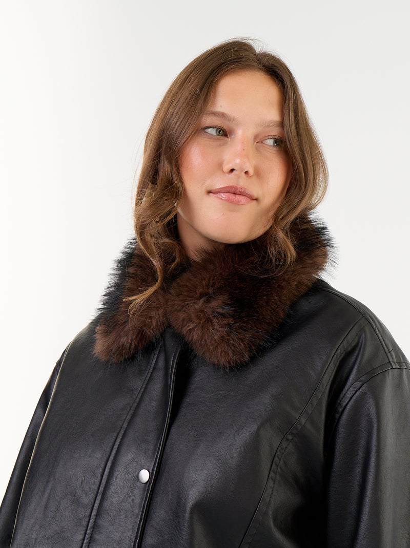 Oversized jas van imitatieleer met afneembare kraag van imitatiebont Zwart - Kiabi