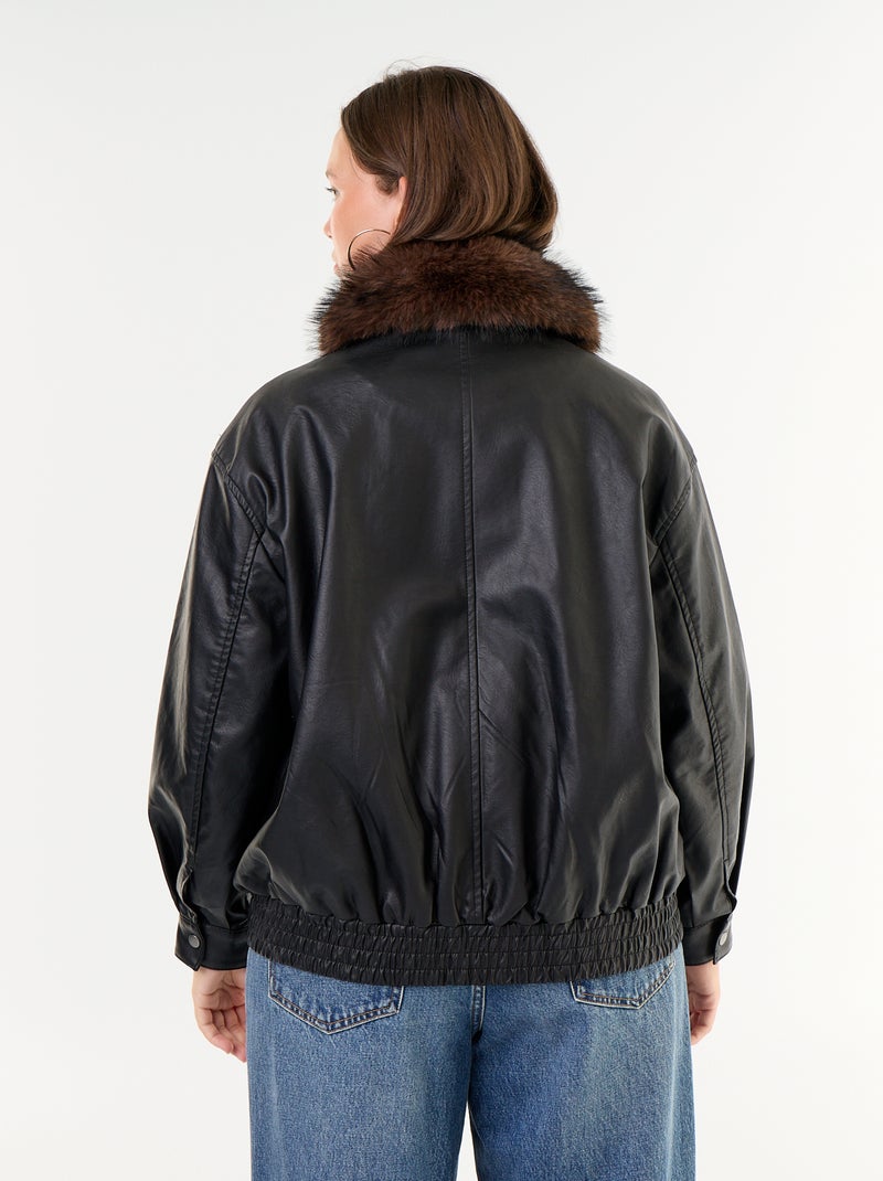 Oversized jas van imitatieleer met afneembare kraag van imitatiebont Zwart - Kiabi