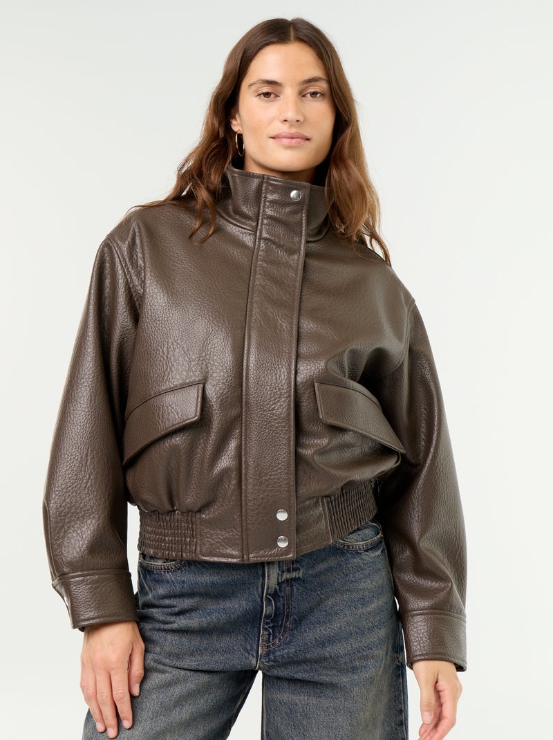 Oversized jas van imitatieleer met opstaande kraag Bruin - Kiabi