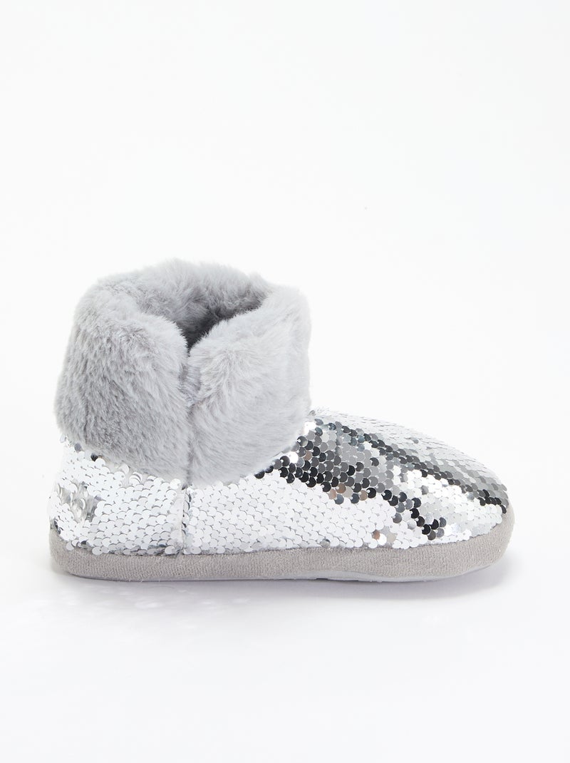 Pantoffelboots met schapenvachteffect en pailletten Grijs - Kiabi