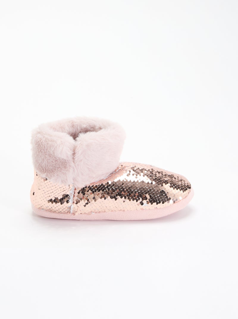 Pantoffelboots met schapenvachteffect en pailletten Rose - Kiabi