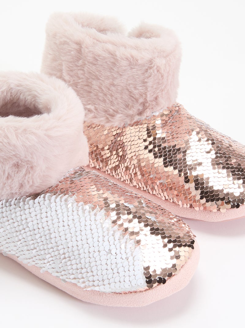 Pantoffelboots met schapenvachteffect en pailletten Rose - Kiabi