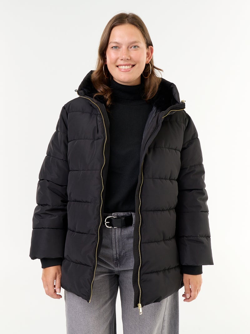 Parka met capuchon gevoerd met imitatiebont Zwart - Kiabi