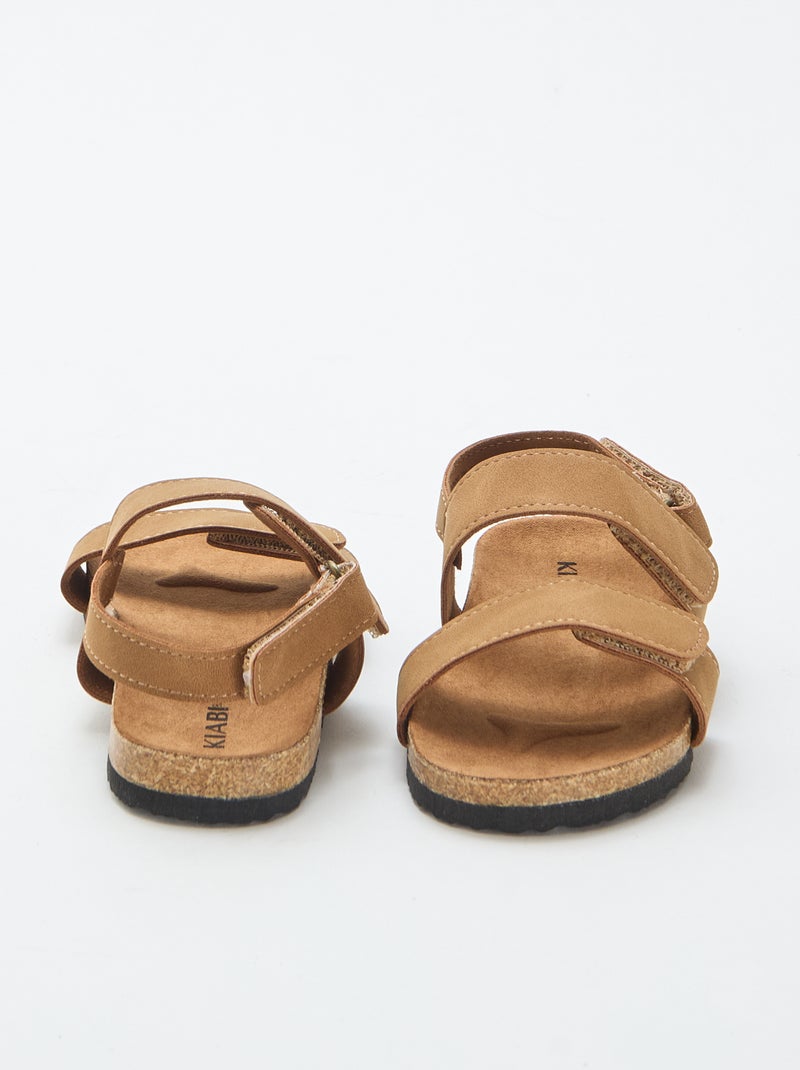 Platte sandalen met dubbele bandjes en klittenband Bruin - Kiabi