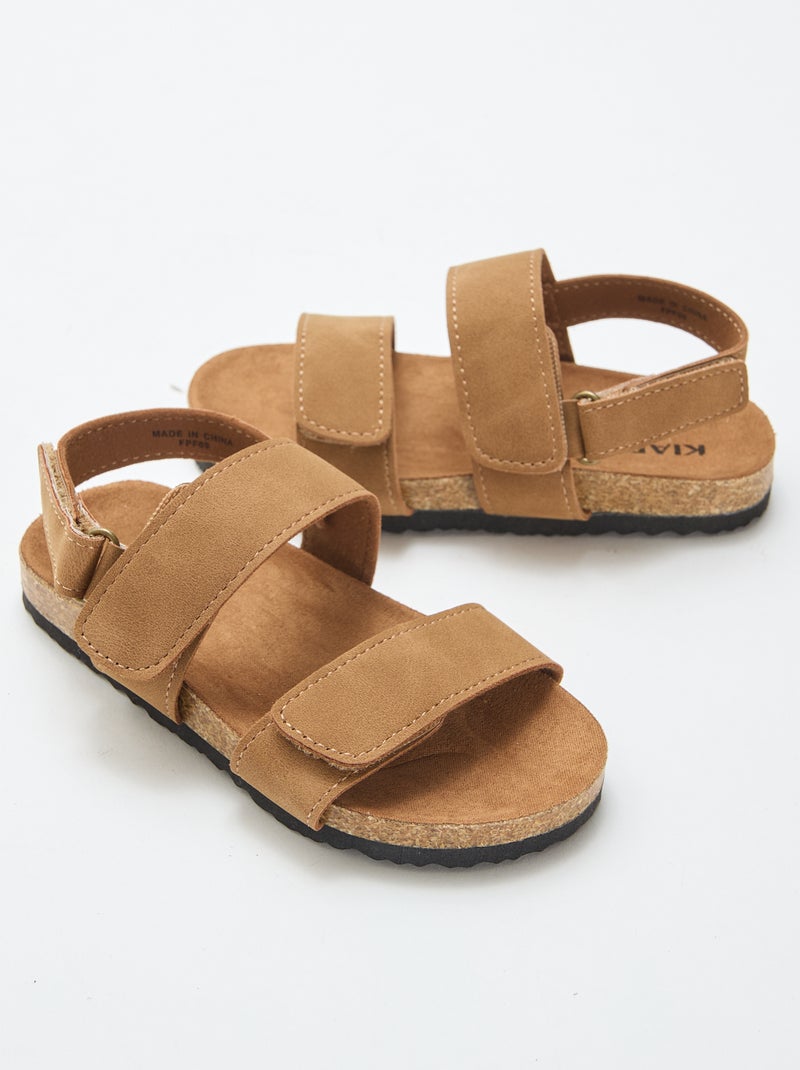 Platte sandalen met dubbele bandjes en klittenband Bruin - Kiabi