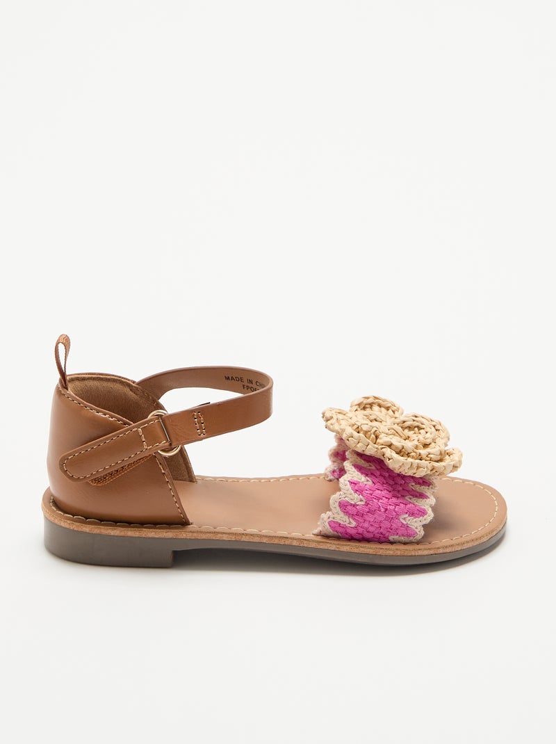 Platte sandalen met fantasiebloemen Biege - Kiabi