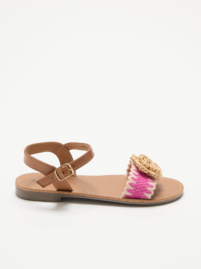 Platte sandalen met fantasiebloemen Biege - Kiabi