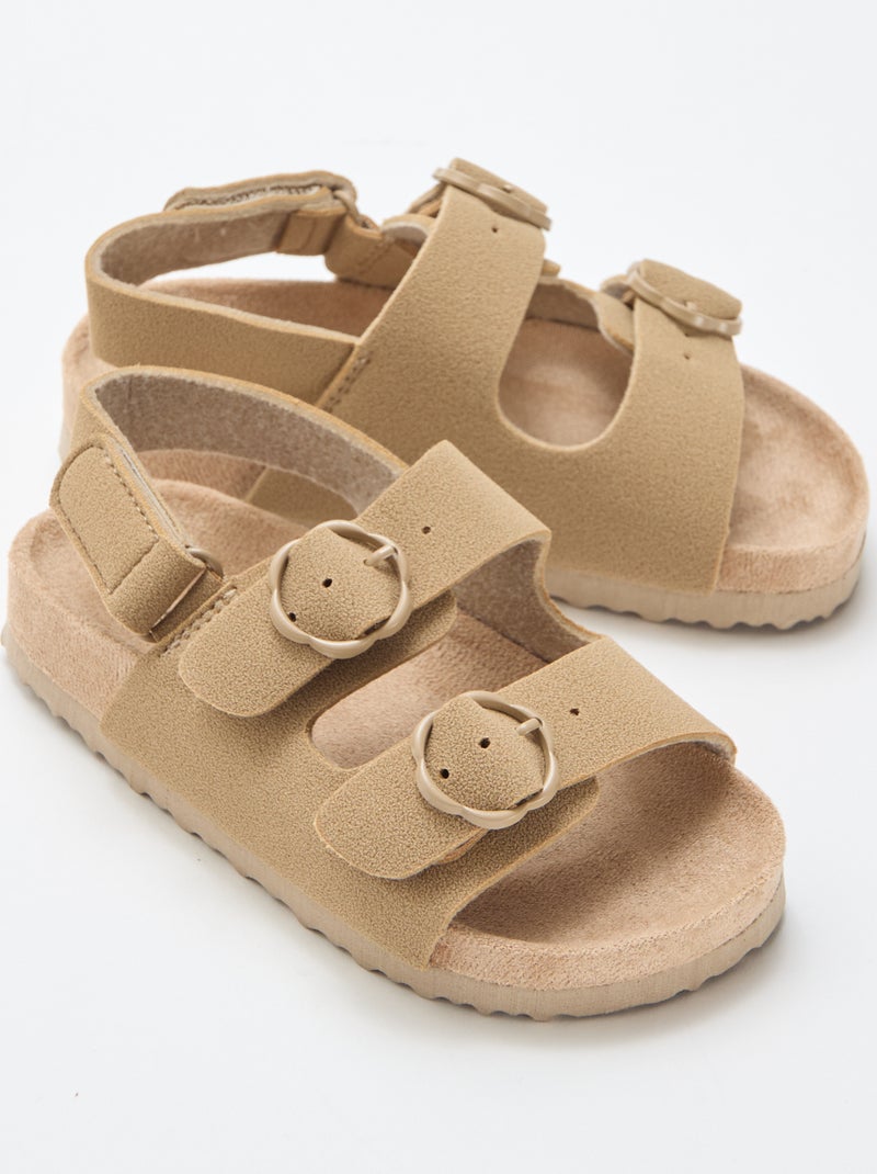 Platte sandalen met verstelbaar enkelbandje met klittenband Biege - Kiabi