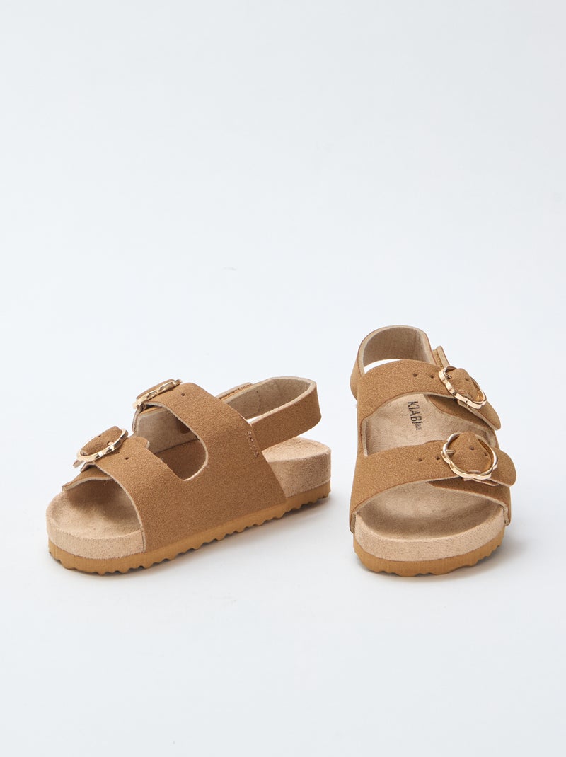 Platte sandalen met verstelbaar enkelbandje met klittenband Bruin - Kiabi