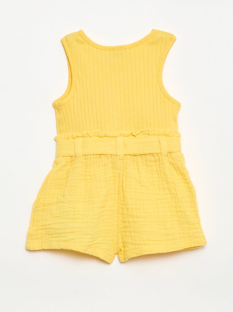 Playsuit van dubbele katoenen gaasstof met strikceintuur Geel - Kiabi
