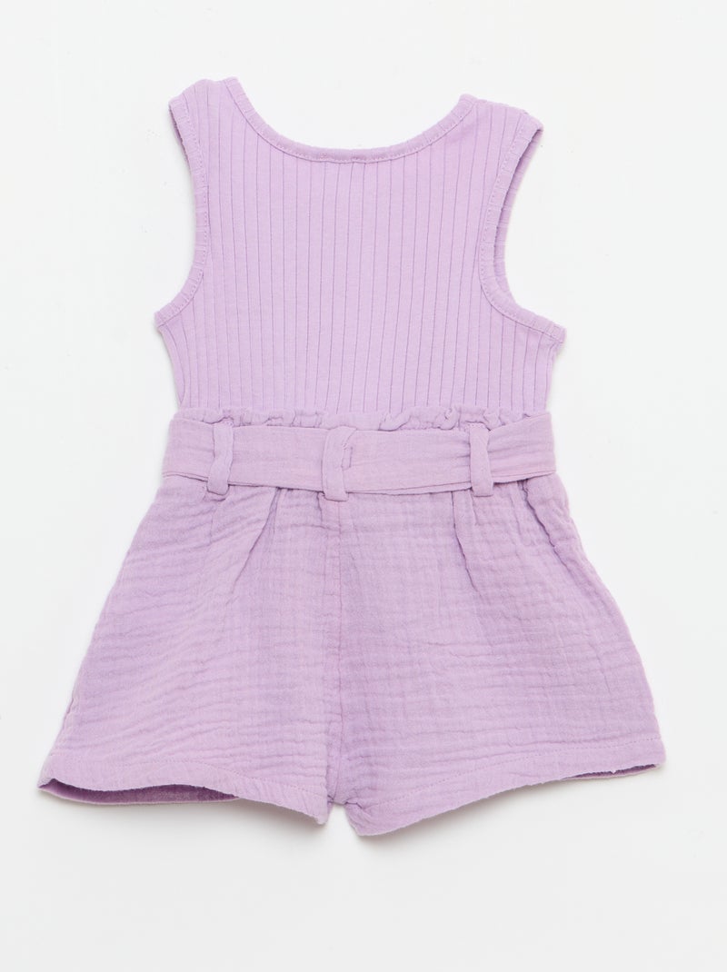 Playsuit van dubbele katoenen gaasstof met strikceintuur Paars - Kiabi