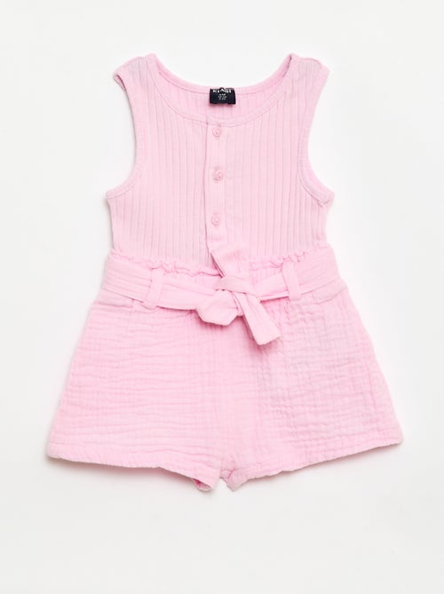 Playsuit van dubbele katoenen gaasstof met strikceintuur - Kiabi