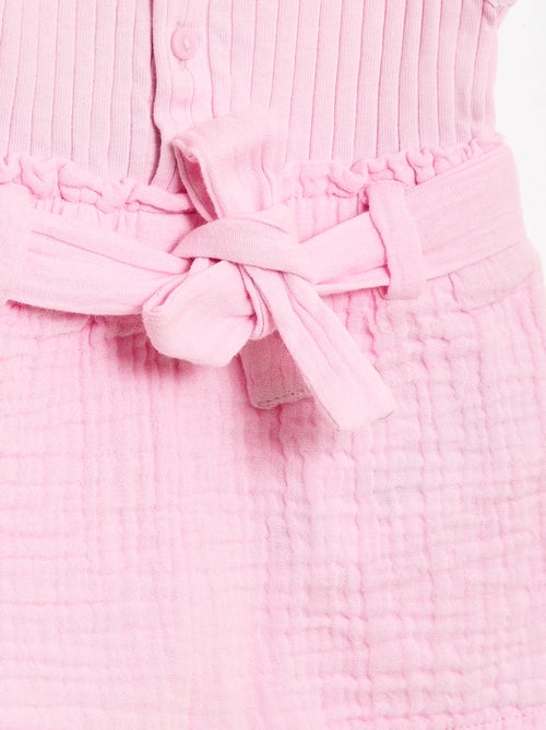 Playsuit van dubbele katoenen gaasstof met strikceintuur - Kiabi