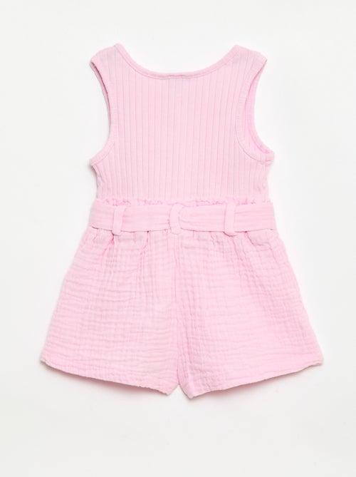 Playsuit van dubbele katoenen gaasstof met strikceintuur - Kiabi