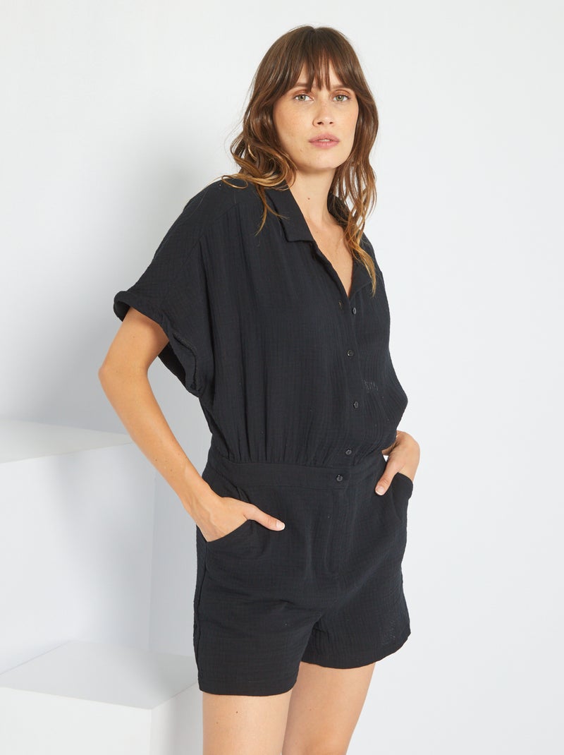 Playsuit van dunne, luchtige katoen met overhemdkraagje zwart - Kiabi