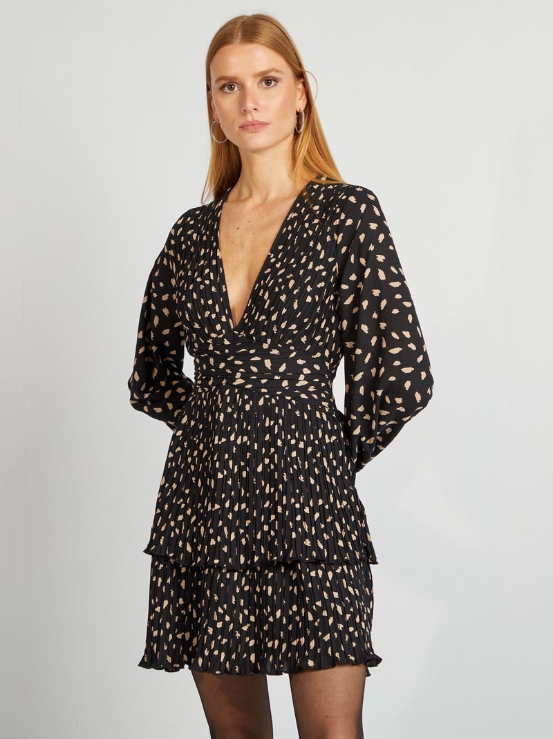 Plisséjurk met V-hals ZWART - Kiabi