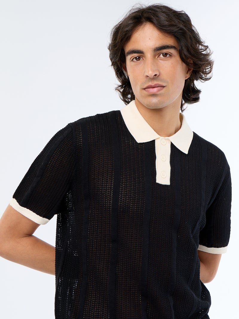 Polo met korte mouwen van ajourbreisel Zwart - Kiabi