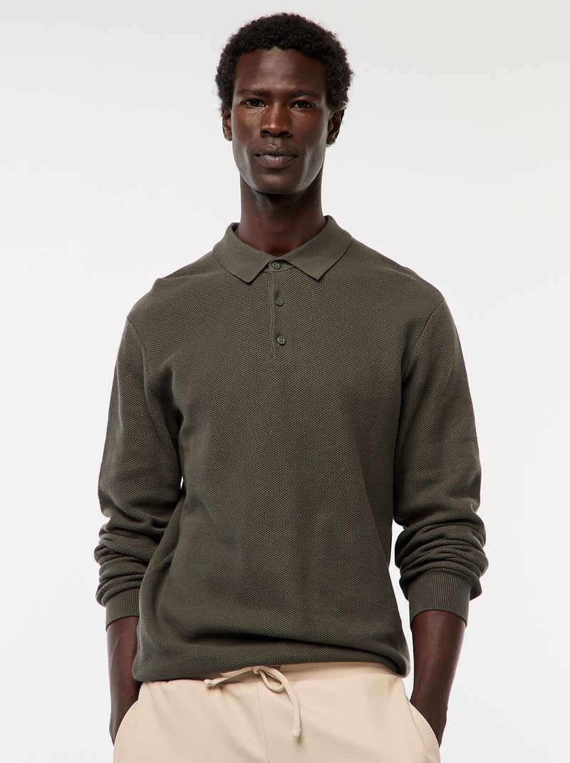 Polo met lange mouwen van fantasietricot Kaki - Kiabi