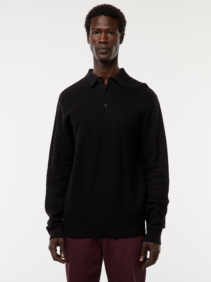 Polo met lange mouwen van fantasietricot zwart - Kiabi