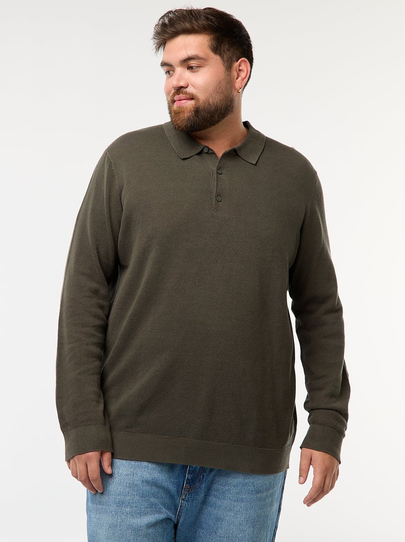 Polo van fantasietricot met lange mouwen Kaki - Kiabi