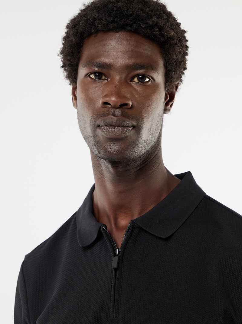 Polo van gewafelde stof met ritskraag Zwart - Kiabi