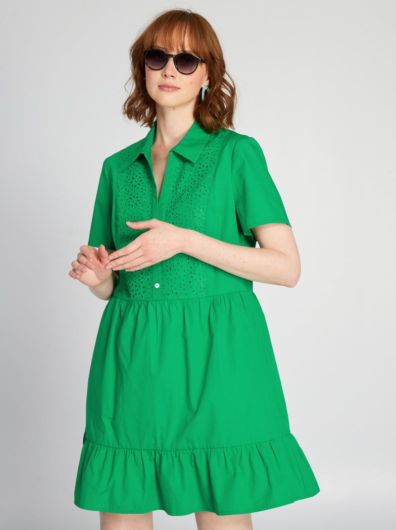 Poplin jurk met borduurwerken groen - Kiabi