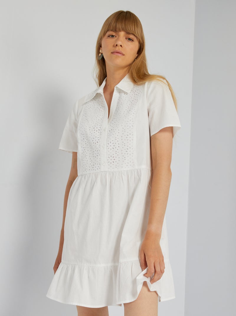 Poplin jurk met borduurwerken wit - Kiabi
