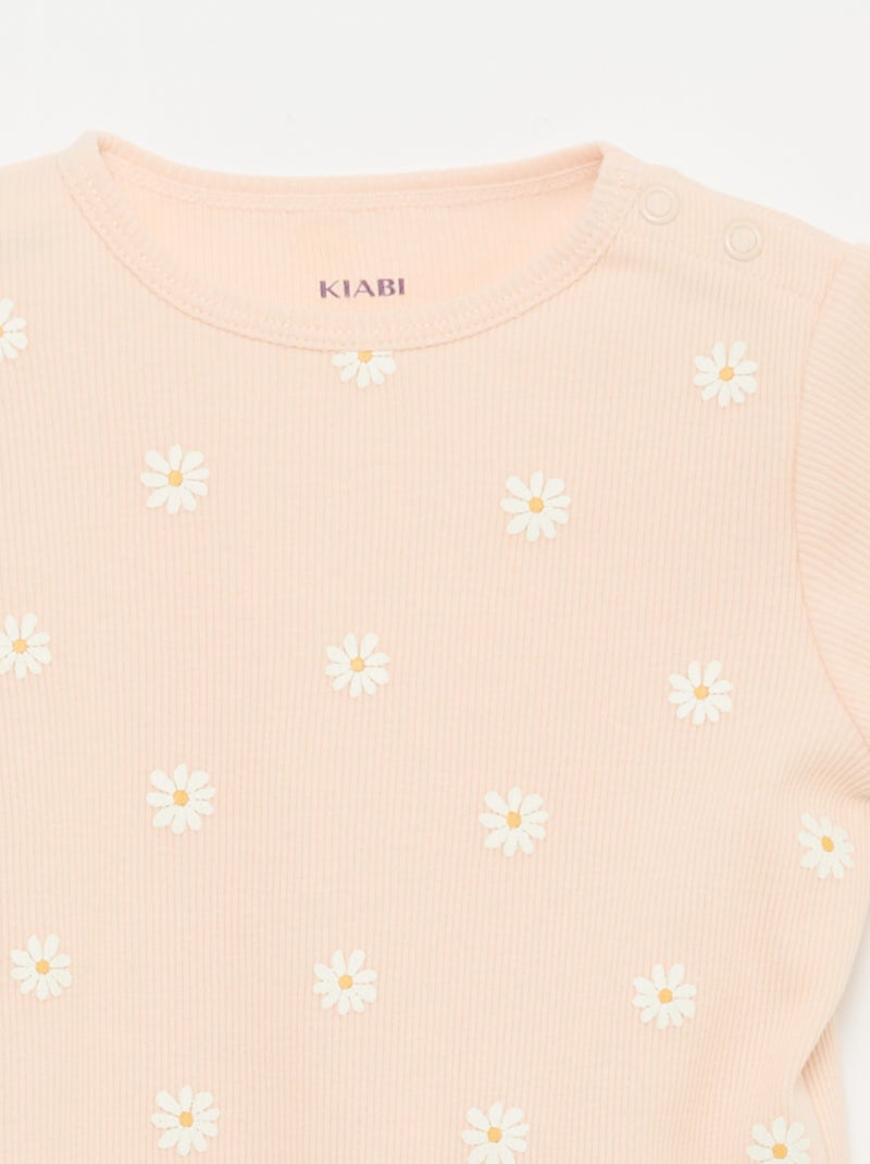 Pyjama T-shirt + short van katoen met ribstructuur - 2-delige set Rose - Kiabi