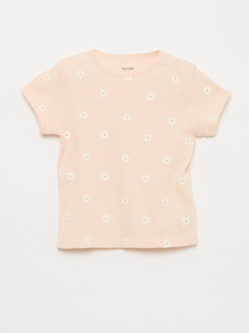 Pyjama T-shirt + short van katoen met ribstructuur - 2-delige set Rose - Kiabi