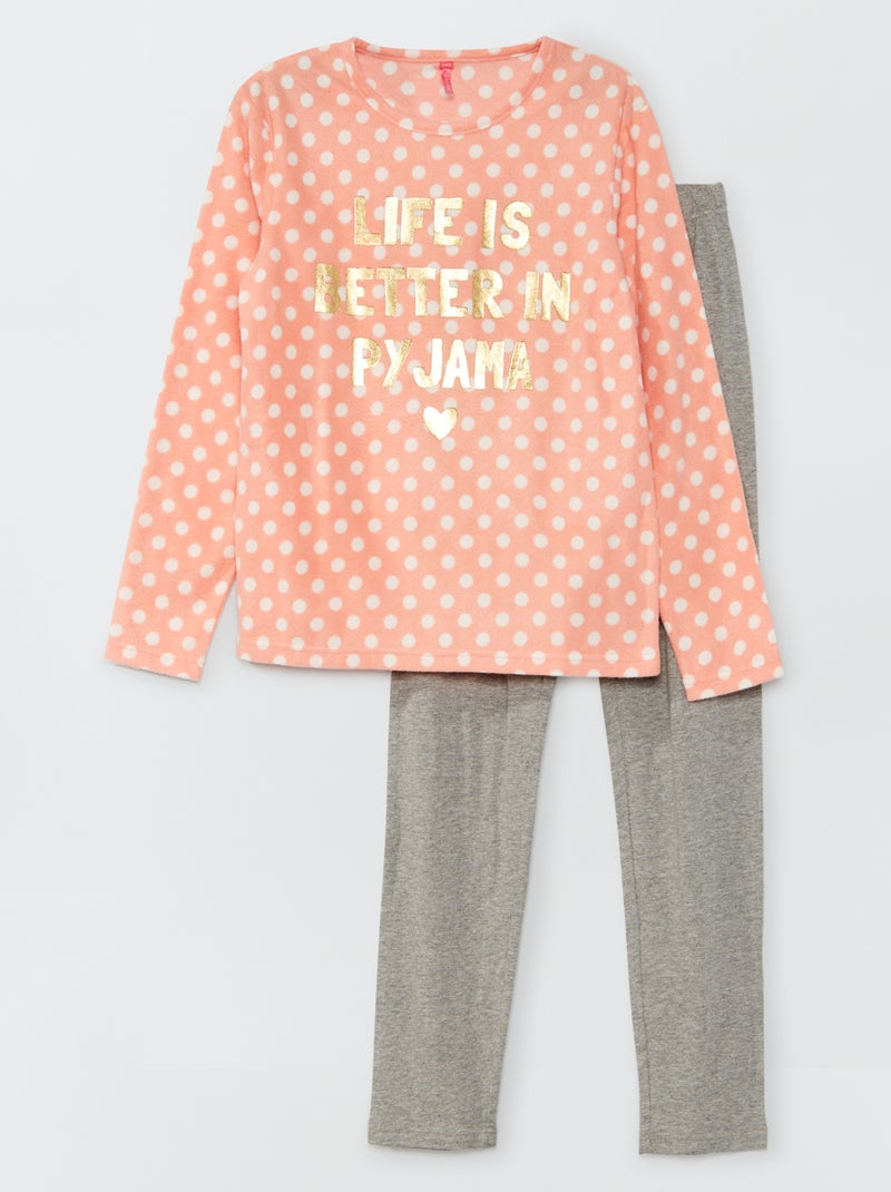 Pyjama van microfleece en jersey - 2-delig roze / grijs - Kiabi