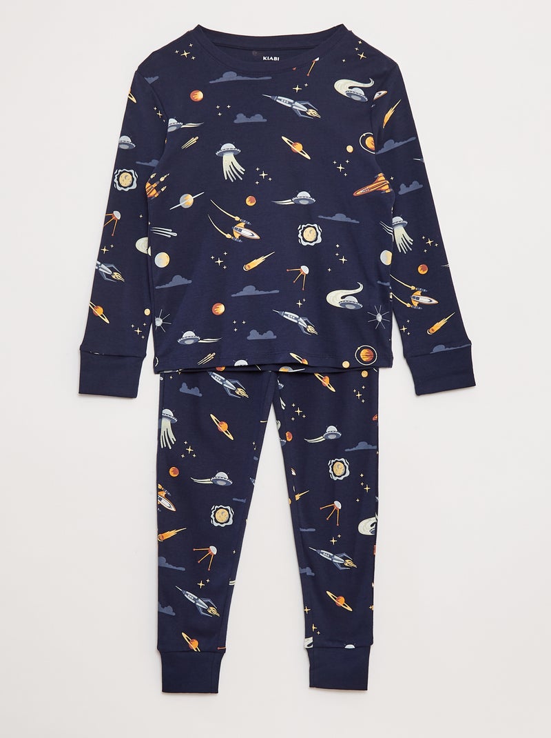 Pyjamasetje - T-shirt + lange broek met all-over motief Blauw - Kiabi