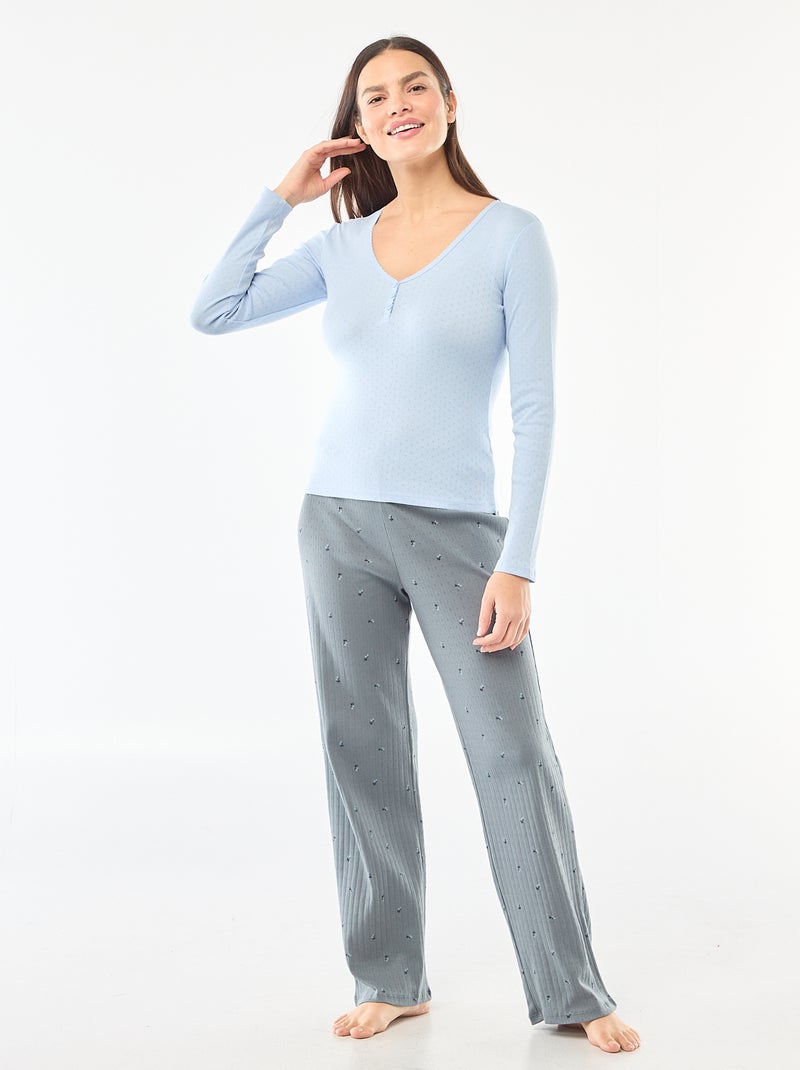 Pyjamashirt van tricot met fijn ajourmotiefje Blauw - Kiabi