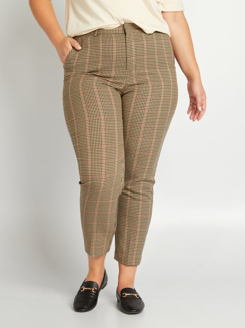 Rechte broek met pied-de-poulemotief BRUIN - Kiabi