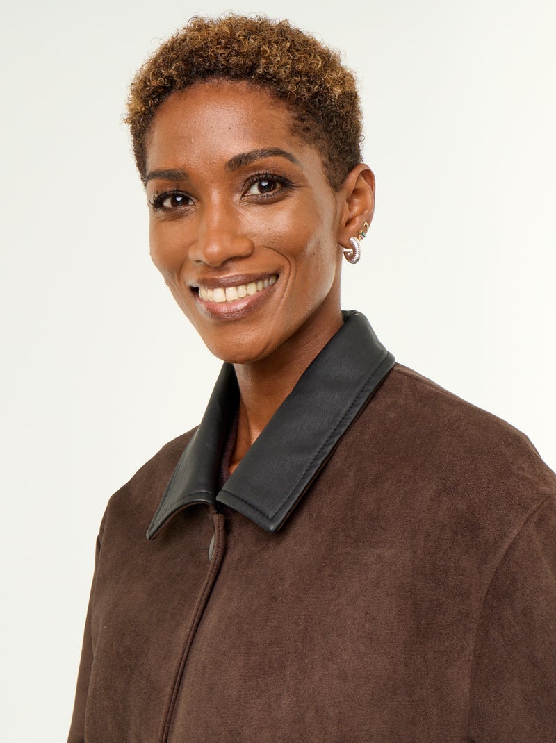 Rechte jas van suèdelook met kraag van imitatieleer Bruin - Kiabi