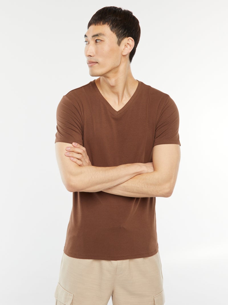 Regular T-shirt van stretchstof bruin - Kiabi
