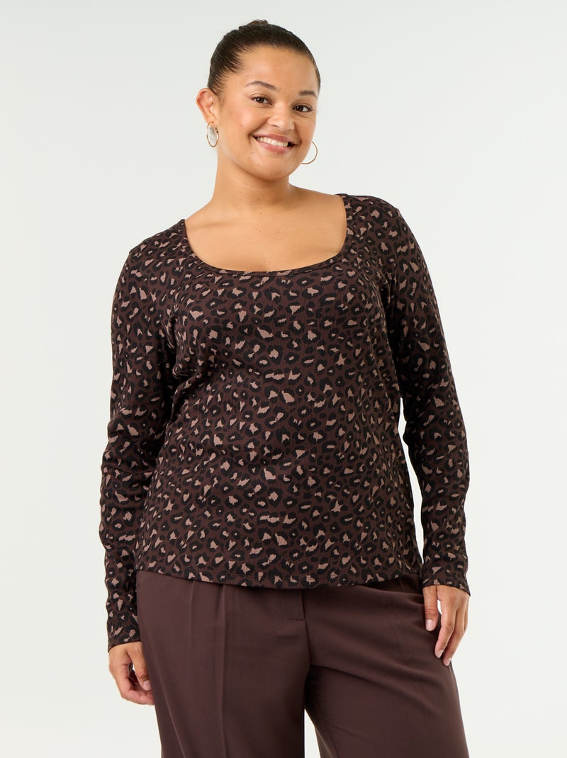 Ribgebreid basic T-shirt Bruin - Kiabi