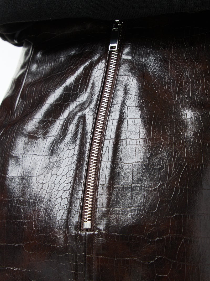 Rok van imitatieleer met slangenhuideffect en klepzakjes Bruin - Kiabi