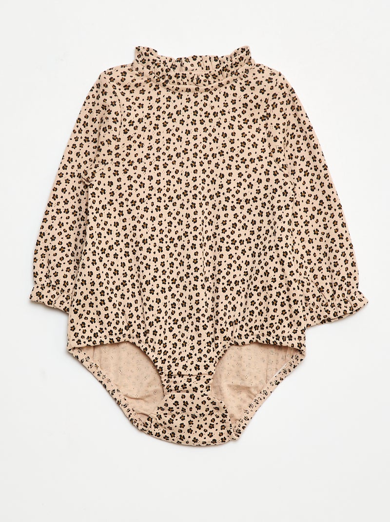 Rompertje van tricot met fijn ajourmotiefje, ruchekraagje en all-over motiefje Biege - Kiabi