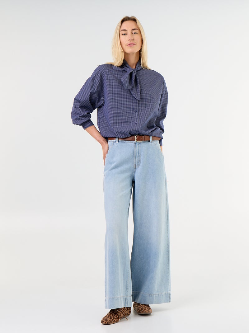 Ruime blouse met lange mouwen en lavallièrekraag Blauw - Kiabi