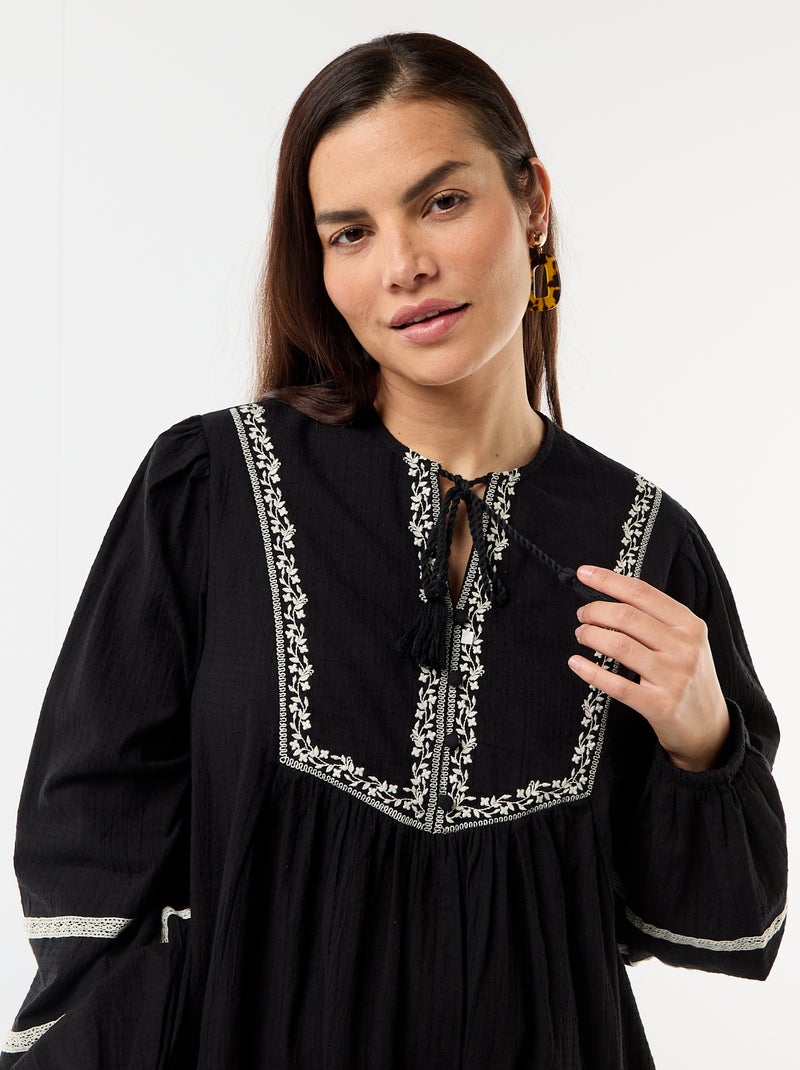 Ruime zwangerschapsjurk met borduursels Zwart - Kiabi