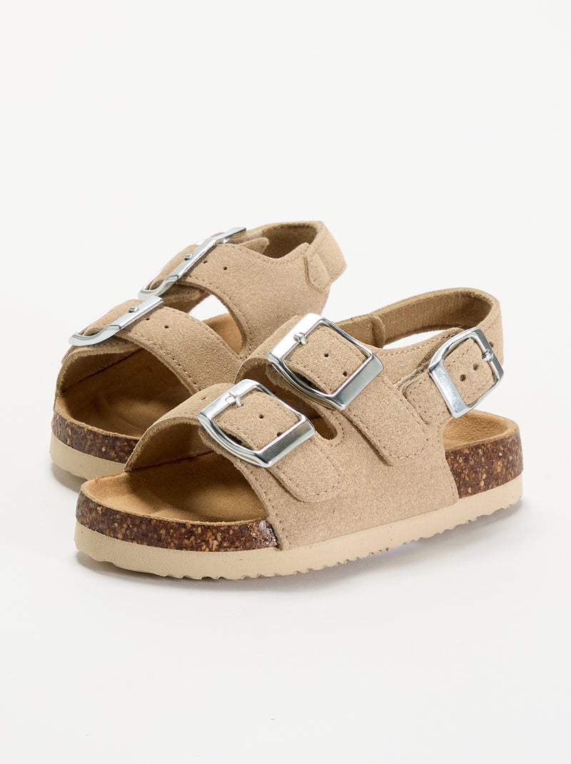 Sandalen met dubbele bandjes en contrasterende gespen Biege - Kiabi