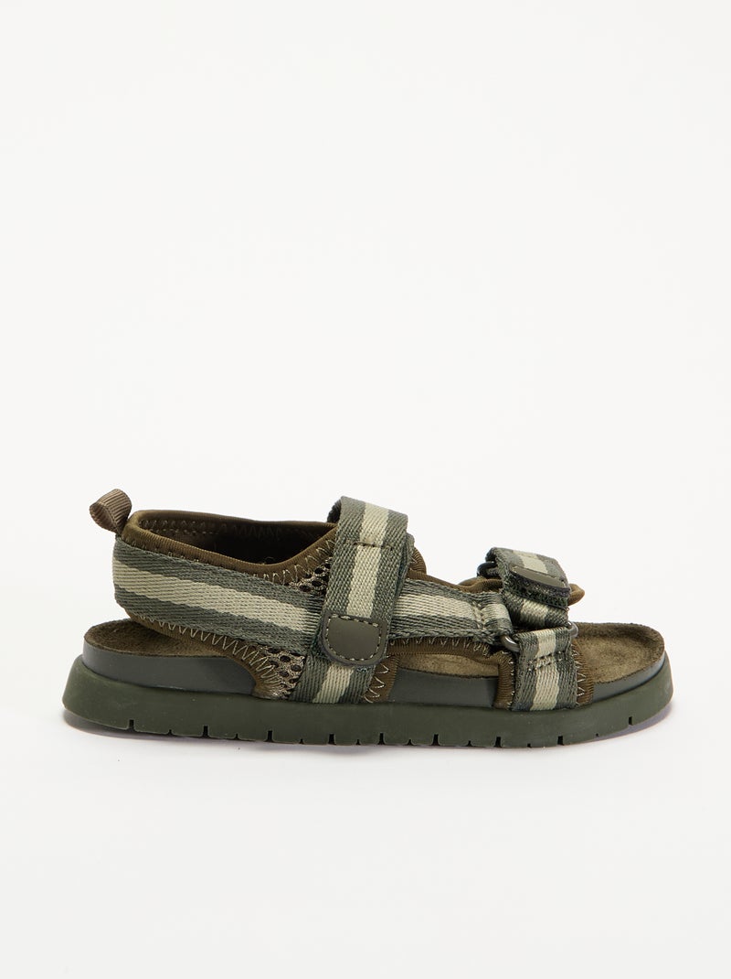 Sandalen met dubbele bandjes en klittenband Kaki - Kiabi