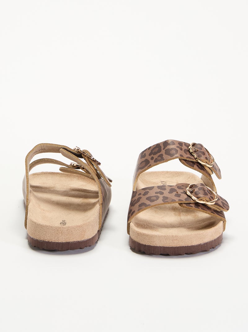 Sandalen met dubbele bandjes en leopardprint Bruin - Kiabi