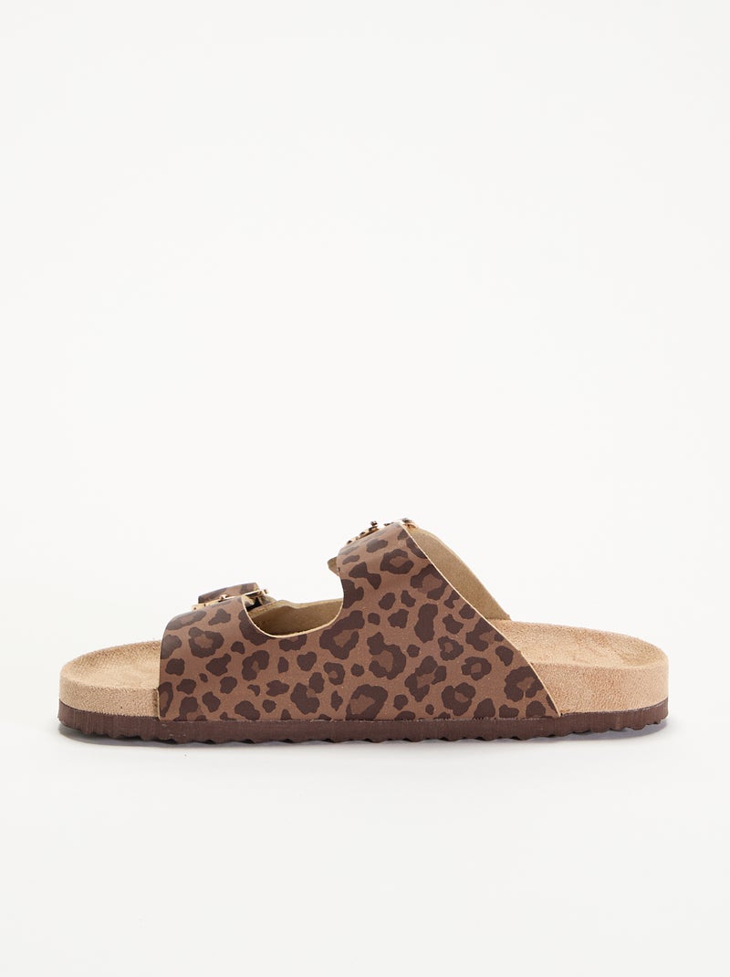 Sandalen met dubbele bandjes en leopardprint Bruin - Kiabi