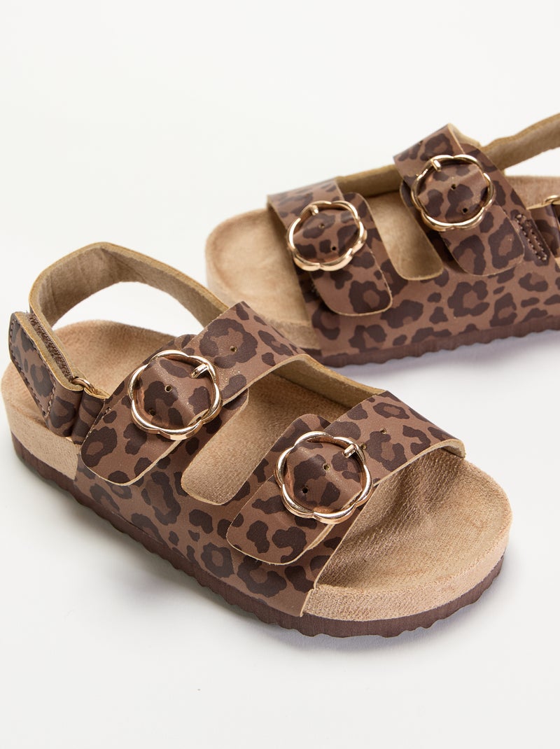 Sandalen met dubbele bandjes en luipaardprint Bruin - Kiabi