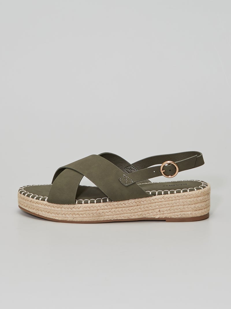 Sandalen met sleehak en gekruiste riempjes khaki - Kiabi